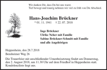 Traueranzeige von Hans-Joachim Brückner von vrm-trauer