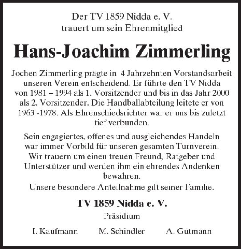  Traueranzeige für Hans-Joachim Zimmerling vom 10.07.2018 aus  Kreisanzeiger