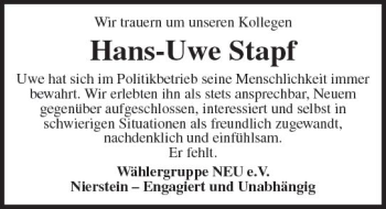 Traueranzeige von Hans-Uwe Stapf von vrm-trauer