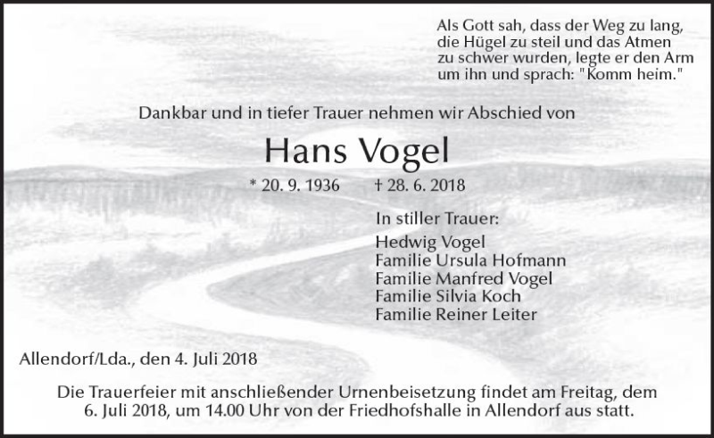  Traueranzeige für Hans Vogel vom 04.07.2018 aus  Gießener Anzeiger