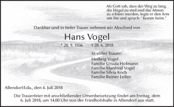 Traueranzeige von Hans Vogel von  Gießener Anzeiger