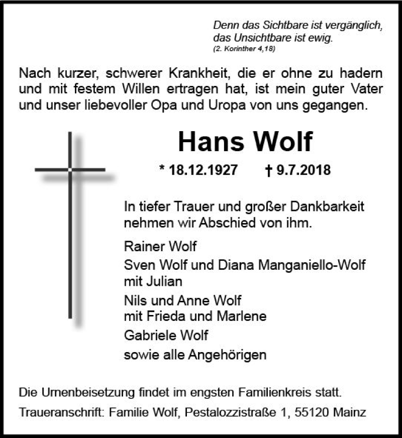  Traueranzeige für Hans Wolf vom 14.07.2018 aus vrm-trauer