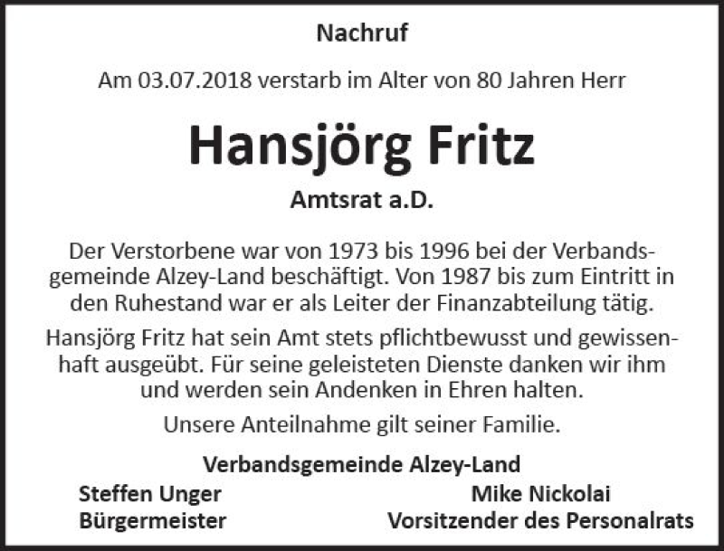  Traueranzeige für Hansjörg Fritz vom 11.07.2018 aus vrm-trauer