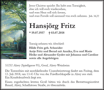 Traueranzeige von Hansjörg Fritz von vrm-trauer
