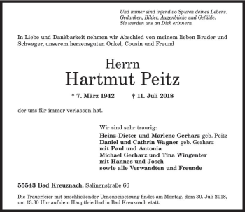 Traueranzeige von Hartmut Peitz von vrm-trauer