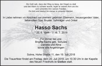 Traueranzeige von Hasso Sachs von  Gießener Anzeiger