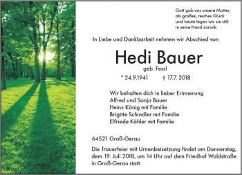 Traueranzeige von Hedi Bauer von vrm-trauer