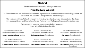 Traueranzeige von Hedwig Wilczek von vrm-trauer