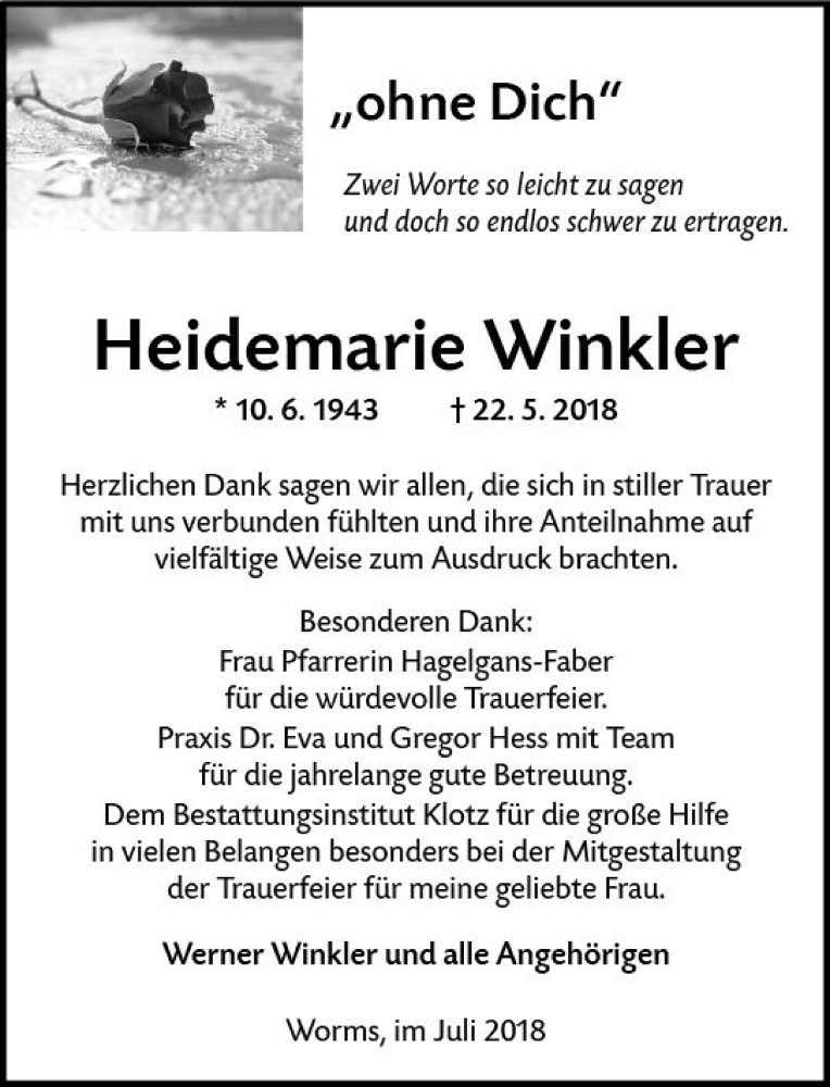  Traueranzeige für Heidemarie Winkler vom 07.07.2018 aus vrm-trauer