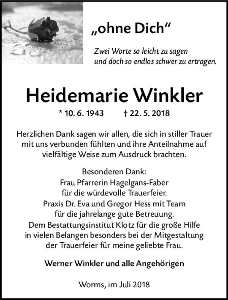  Traueranzeige für Heidemarie Winkler vom 09.07.2018 aus vrm-trauer