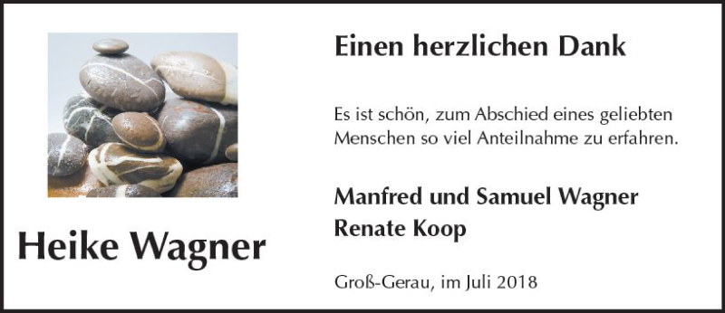  Traueranzeige für Heike Wagner vom 14.07.2018 aus vrm-trauer