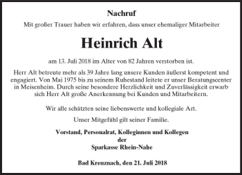 Traueranzeige von Heinrich Alt von vrm-trauer