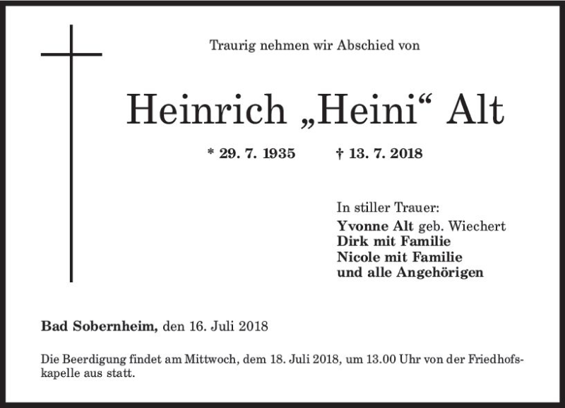 Traueranzeige für Heinrich Alt vom 16.07.2018 aus vrm-trauer