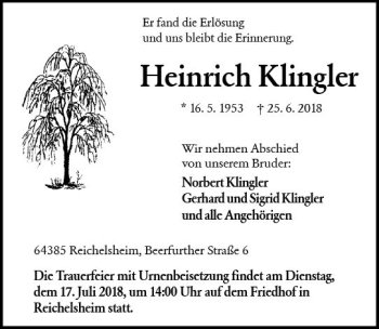 Traueranzeige von Heinrich Klingler von vrm-trauer