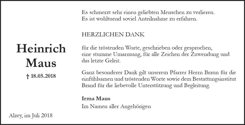  Traueranzeige für Heinrich Maus vom 28.07.2018 aus vrm-trauer