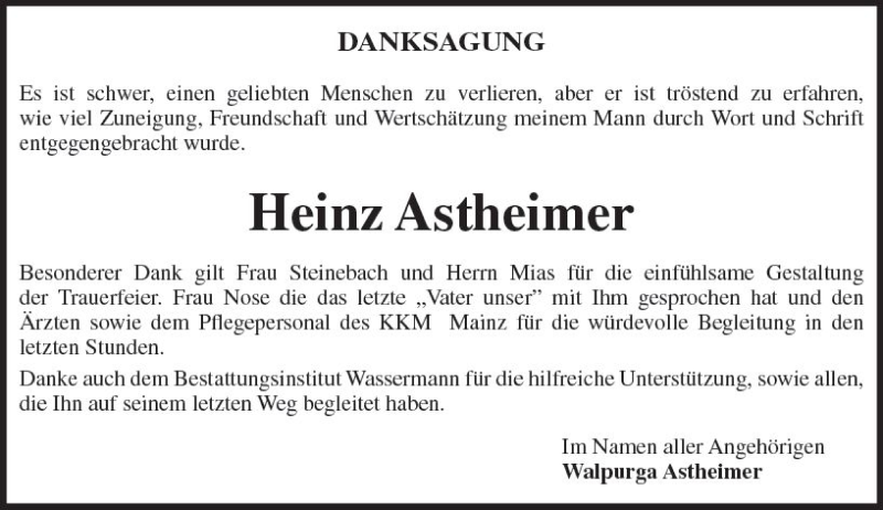  Traueranzeige für Heinz Astheimer vom 21.07.2018 aus vrm-trauer