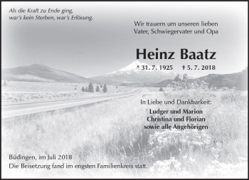 Traueranzeige von Heinz Baatz von  Kreisanzeiger
