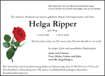 Traueranzeige von Helga Ripper von vrm-trauer