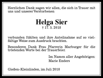 Traueranzeige von Helga Sier von  Gießener Anzeiger