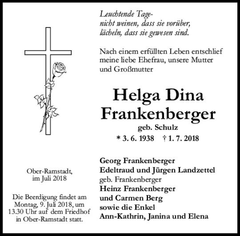  Traueranzeige für Helga Dina Frankenberger vom 09.07.2018 aus vrm-trauer