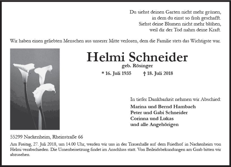  Traueranzeige für Helmi Schneider vom 24.07.2018 aus vrm-trauer