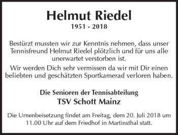 Traueranzeige von Helmut Riedel von vrm-trauer