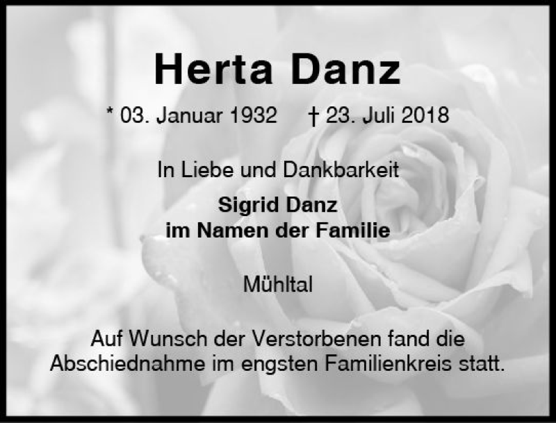  Traueranzeige für Herta Danz vom 28.07.2018 aus vrm-trauer