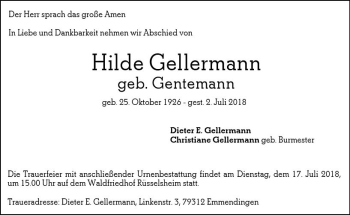 Traueranzeige von Hilde Gellermann von vrm-trauer