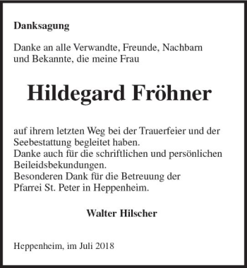 Traueranzeige von Hildegard Fröhner von vrm-trauer