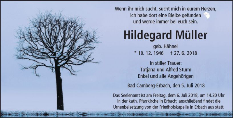  Traueranzeige für Hildegard Müller vom 05.07.2018 aus  Camberger Anzeiger