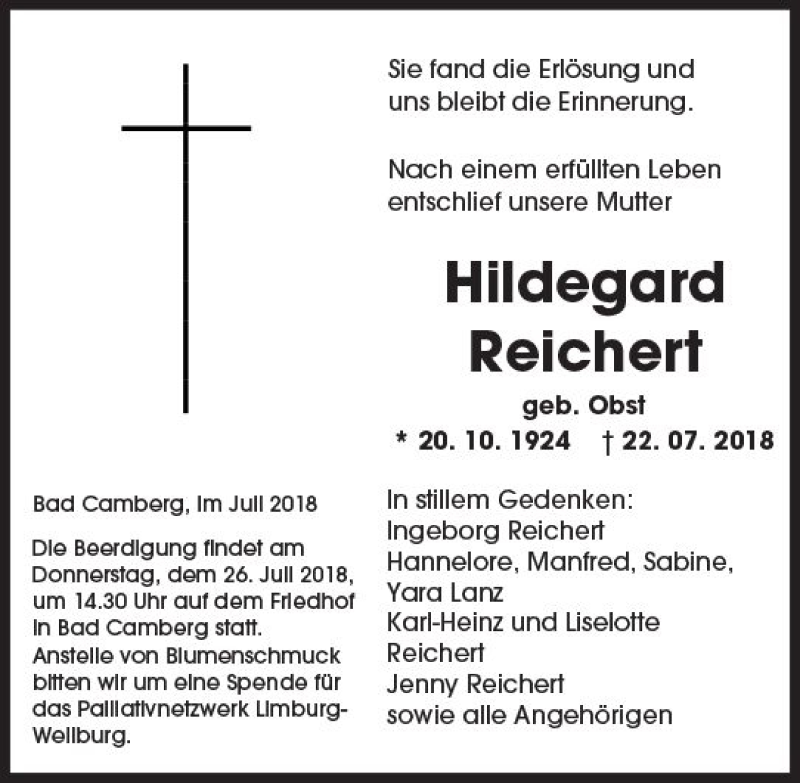  Traueranzeige für Hildegard Reichert vom 26.07.2018 aus  Camberger Anzeiger