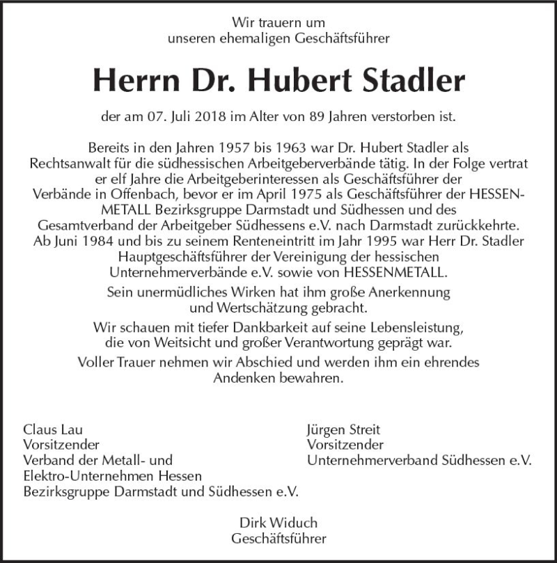 Traueranzeige für Hubert Stadler vom 21.07.2018 aus vrm-trauer