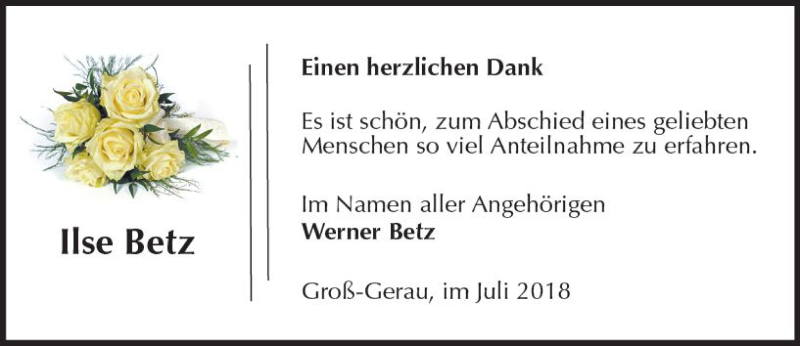  Traueranzeige für Ilse Betz vom 07.07.2018 aus vrm-trauer