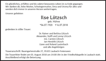 Traueranzeige von Ilse Lötzsch von  Gießener Anzeiger