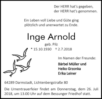 Traueranzeige von Inge Arnold von vrm-trauer