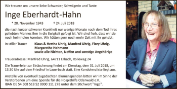 Traueranzeige von Inge Eberhardt-Hahn von  Usinger Anzeiger