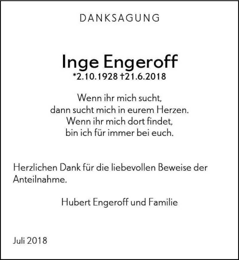  Traueranzeige für Inge Engeroff vom 11.07.2018 aus vrm-trauer