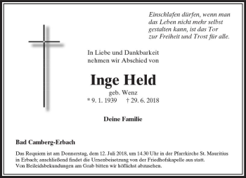Traueranzeige von Inge Held von  Camberger Anzeiger
