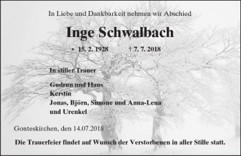 Traueranzeige von Inge Schwalbach von  Gießener Anzeiger