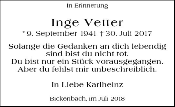 Traueranzeige von Inge Vetter von vrm-trauer