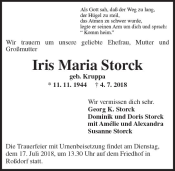 Traueranzeige von Iris Maria Storck von vrm-trauer