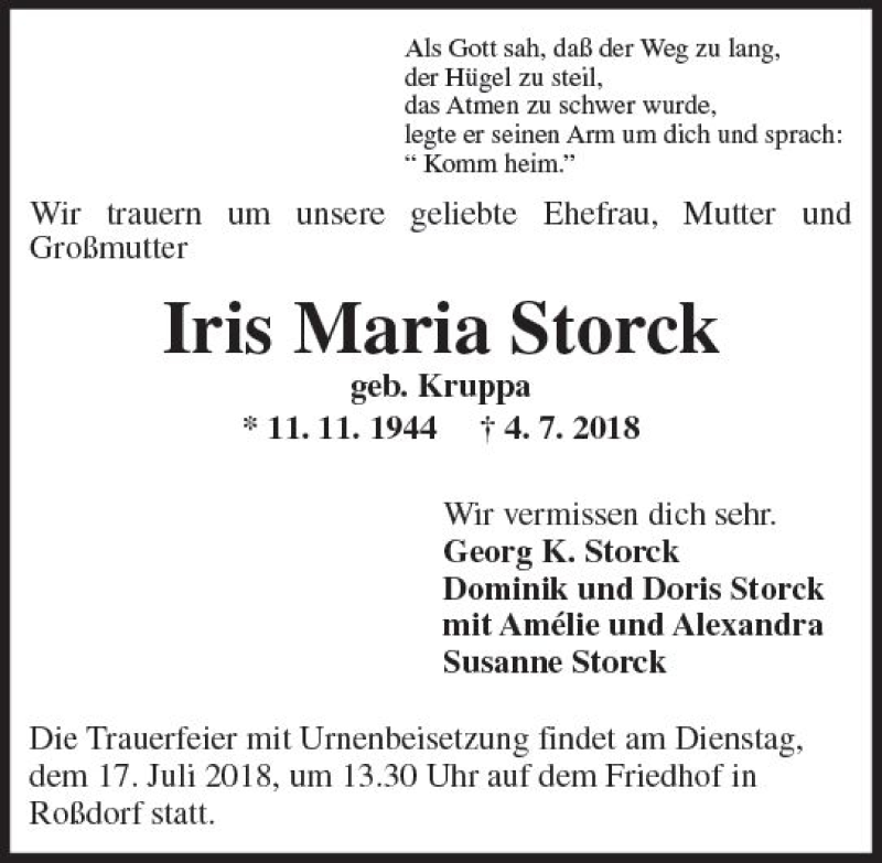  Traueranzeige für Iris Maria Storck vom 14.07.2018 aus vrm-trauer