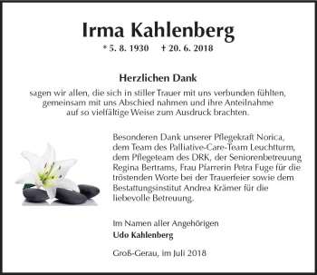 Traueranzeige von Irma Kahlenberg von vrm-trauer