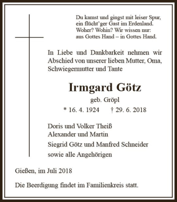 Traueranzeige von Irmgard Götz von  Gießener Anzeiger