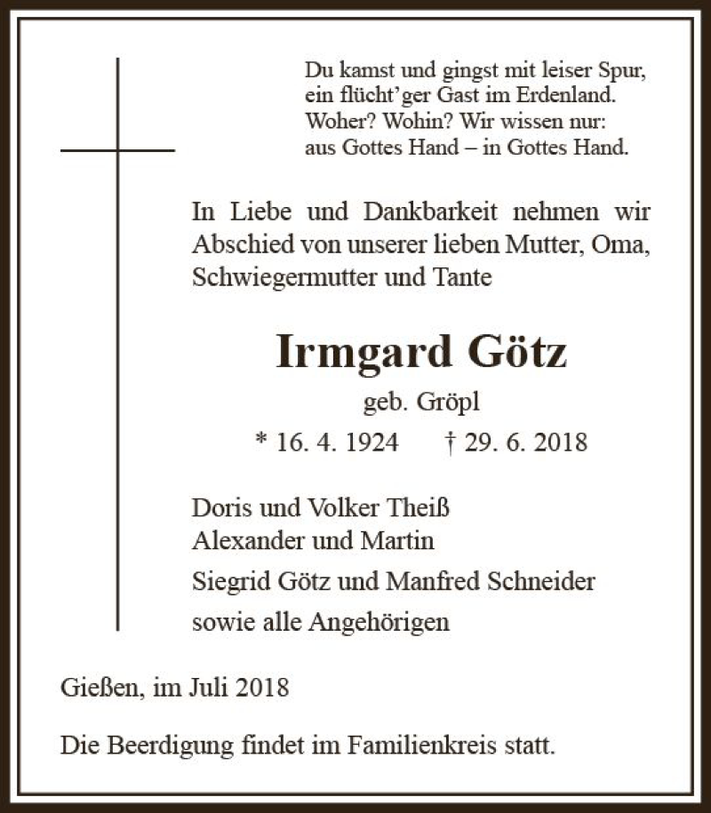  Traueranzeige für Irmgard Götz vom 03.07.2018 aus  Gießener Anzeiger