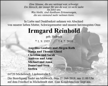 Traueranzeige von Irmgard Reinhold von vrm-trauer