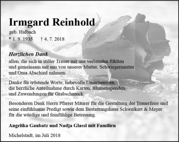 Traueranzeige von Irmgard Reinhold von vrm-trauer