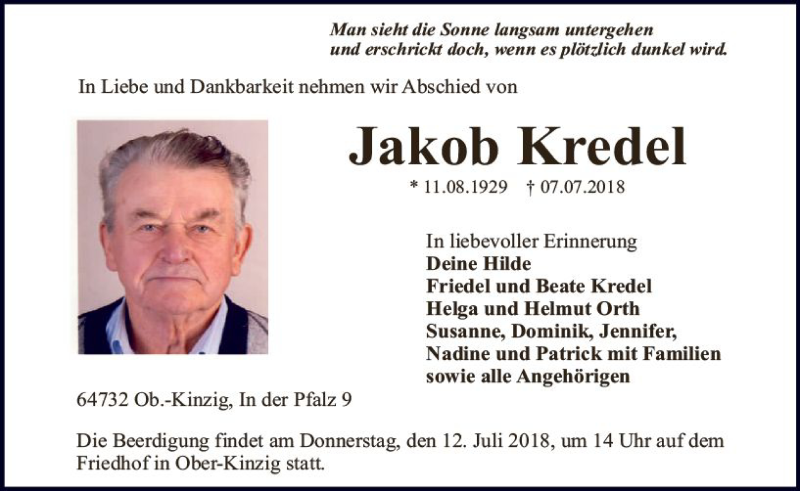  Traueranzeige für Jakob Kredel vom 10.07.2018 aus vrm-trauer