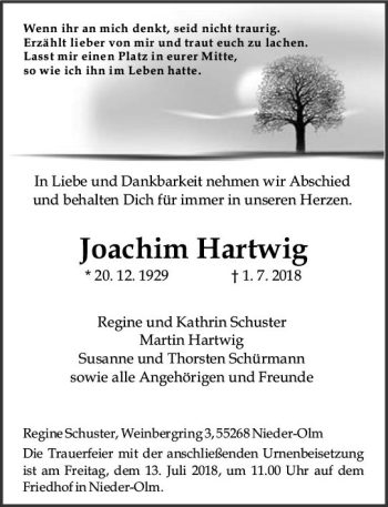 Traueranzeige von Joachim Hartwig von vrm-trauer