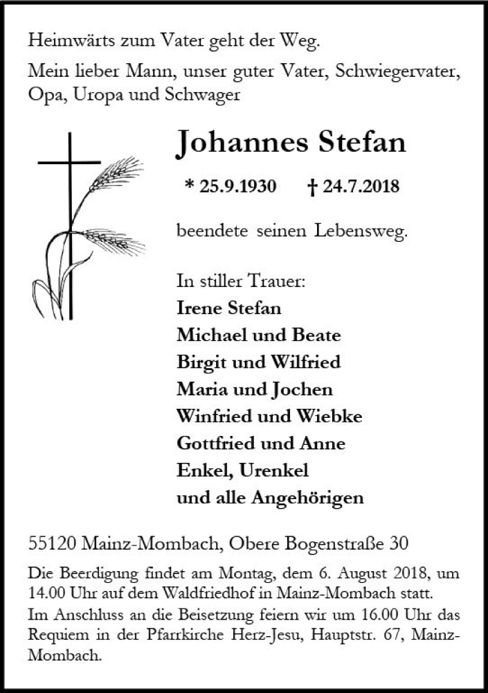  Traueranzeige für Joahnnes Stefan vom 28.07.2018 aus vrm-trauer
